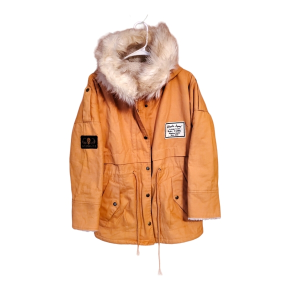 Yellow Fur Hooded Zipper Embellished Fleece Inside Military Coat - Picture 4 of 8